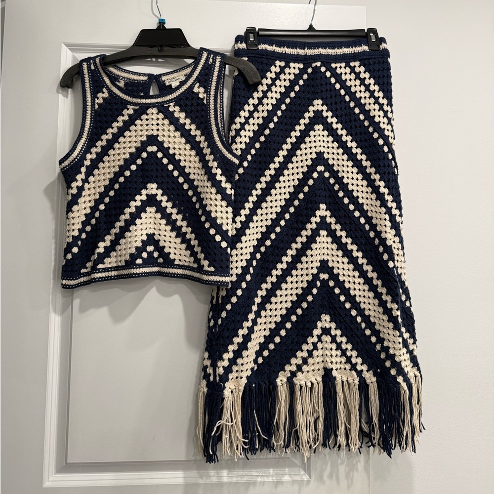 Ultra Pink Navy and Cream Crochet Midi Skirt Set